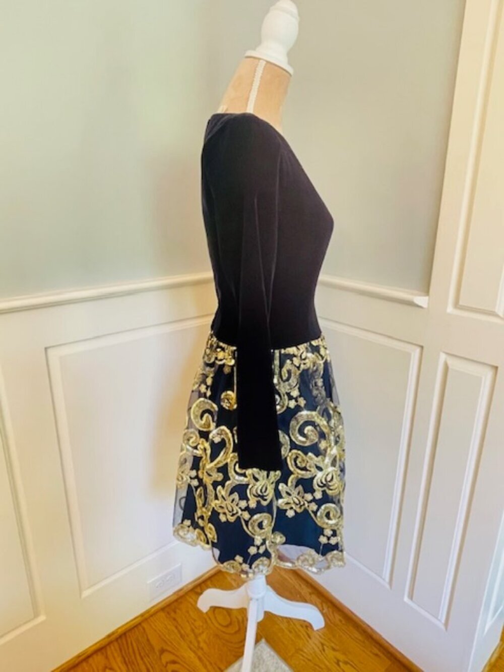 Vintage Jessica McClintock Balletcore Navy Velvet Gold Holiday Dress XS 90s - Picture 6 of 9